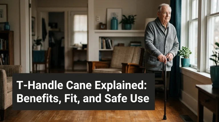T-handle cane explained with an older adult holding a single-point walking cane at home.