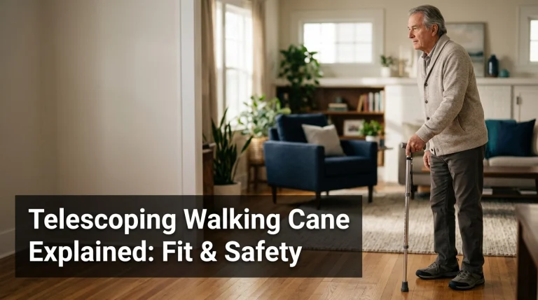 Older adult standing with a properly adjusted telescoping walking cane featuring a locking shaft and rubber tip.