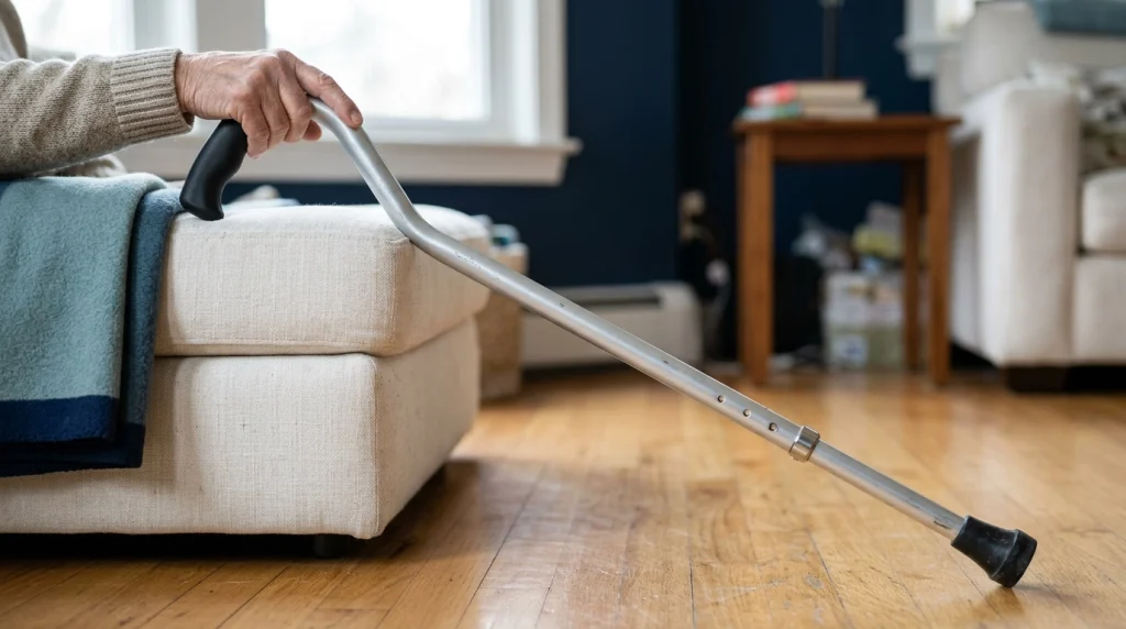 Standard walking cane with a secure handle, adjustable aluminum shaft, and textured rubber tip.