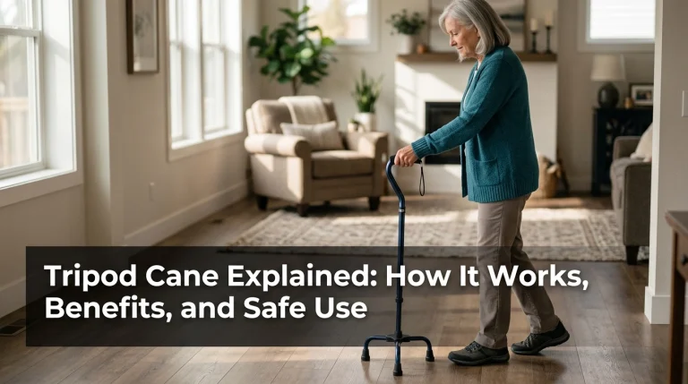 Older adult using a tripod cane with three rubber feet while walking safely through a bright home.