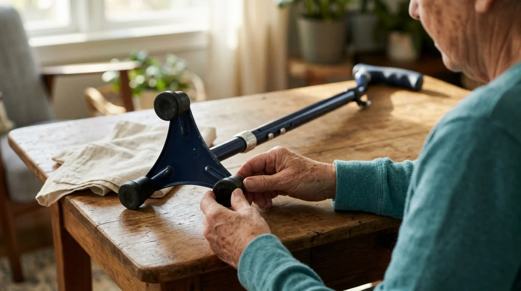 Older adult inspecting rubber tips and base connections of a tripod walking cane on a wooden table.