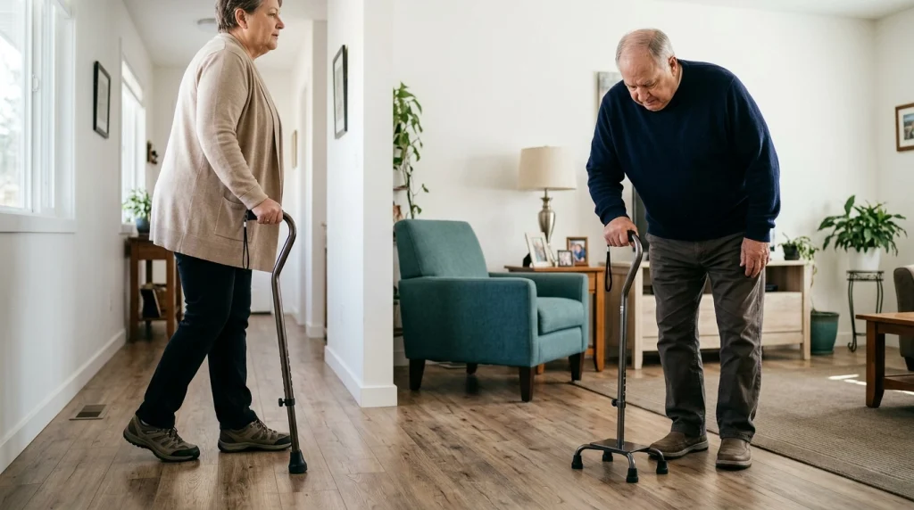 Two adults using a heavy-duty single-point bariatric cane and a four-foot bariatric quad cane at home.