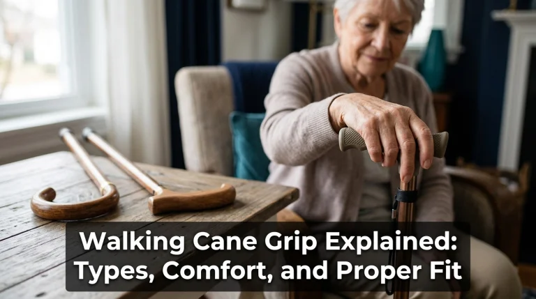 Older adult examining ergonomic walking cane grip designs in a naturally lit living room.