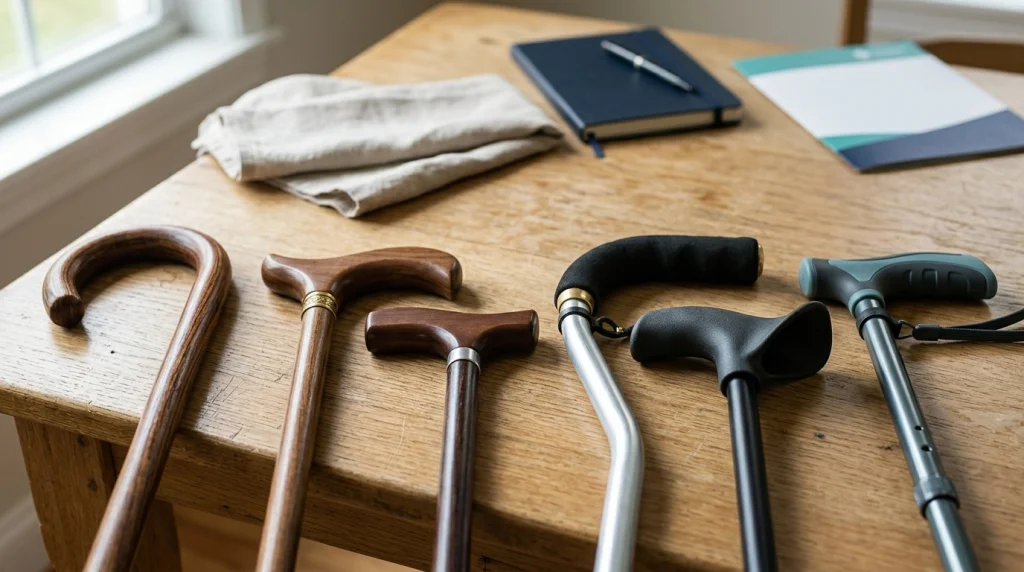 Six walking cane grip types displayed on a wooden table, including crook, derby, Fritz, offset, and palm handles.