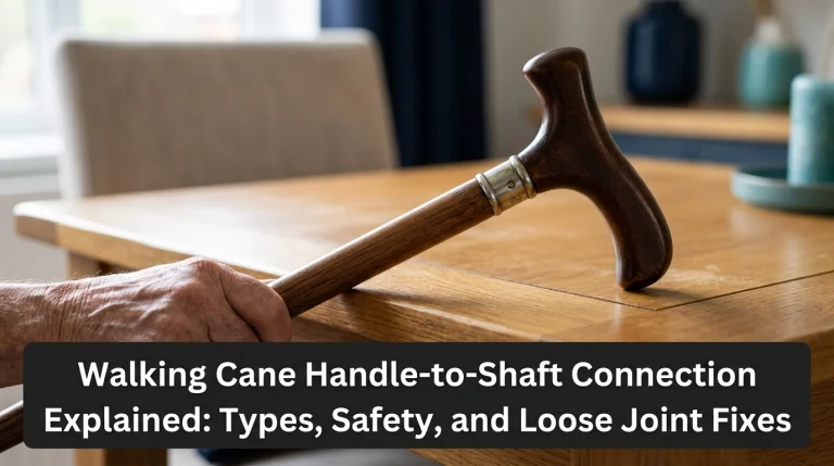 Close-up of wooden walking cane handle-to-shaft connection with metal collar on an oak table.