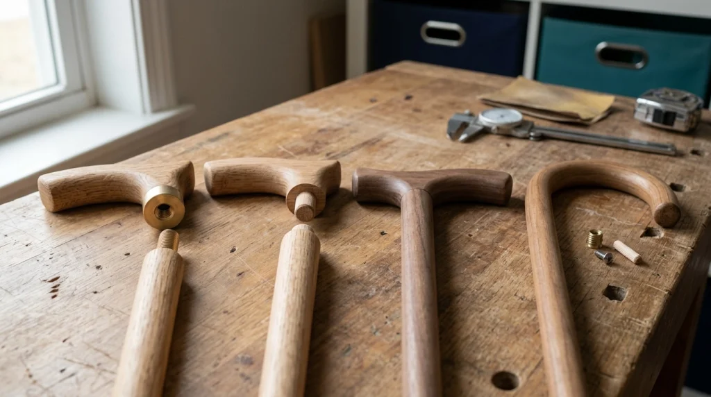 Threaded, fitted, bonded, and one-piece walking cane handle-to-shaft connection examples on a workbench.