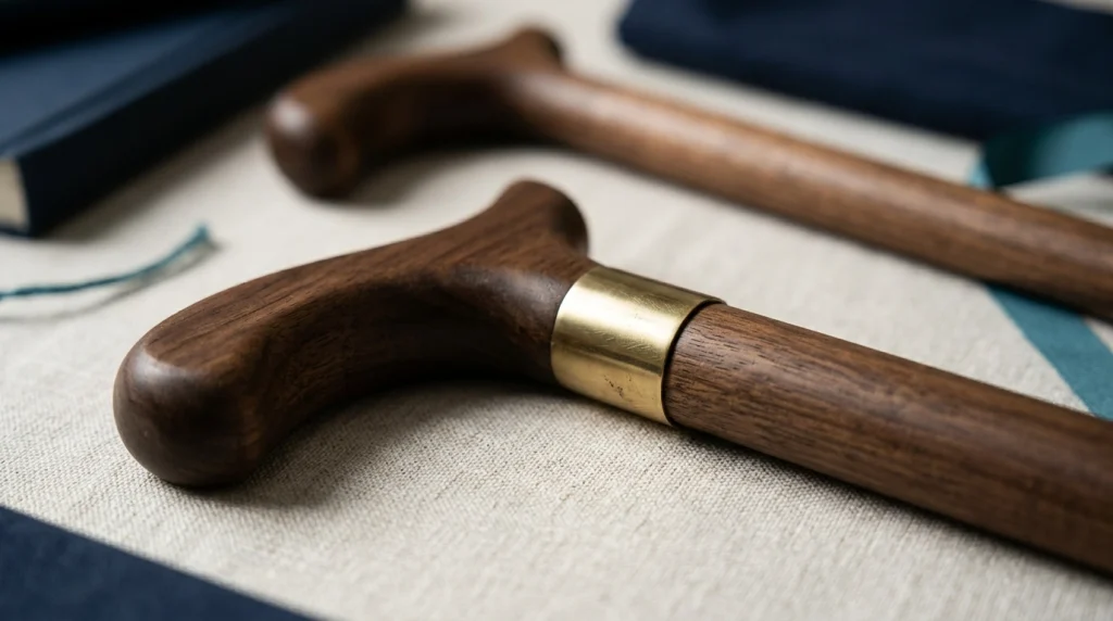 Brass collar around wooden walking cane handle-to-shaft connection, with visible joint and wood grain.