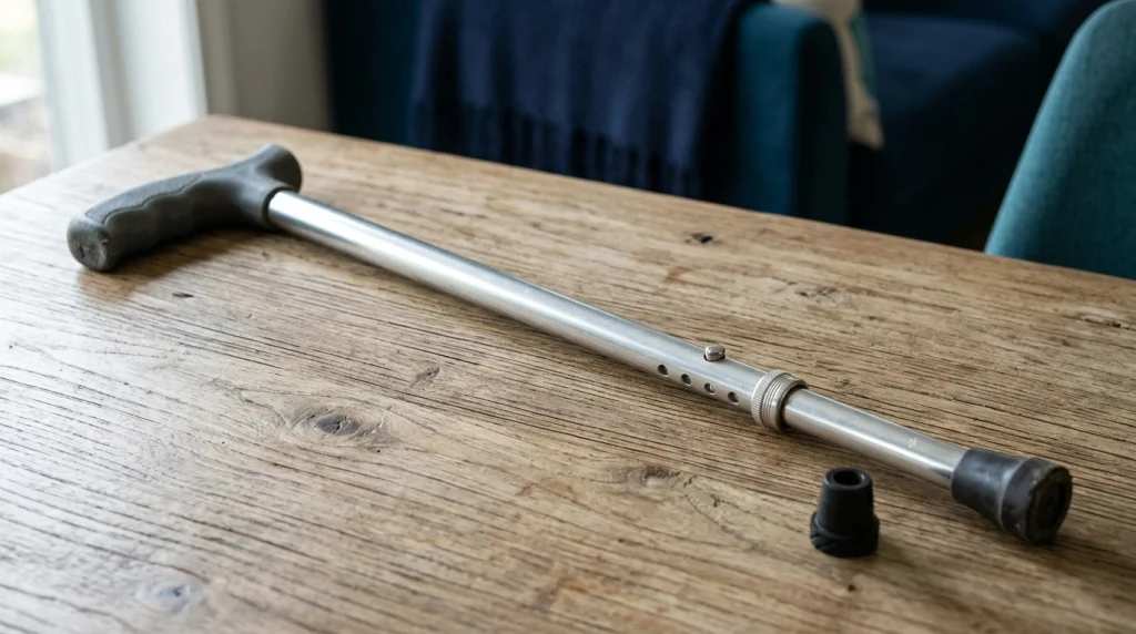 Close-up of an adjustable walking cane showing its handle, metal shaft, locking ring, and rubber ferrule.