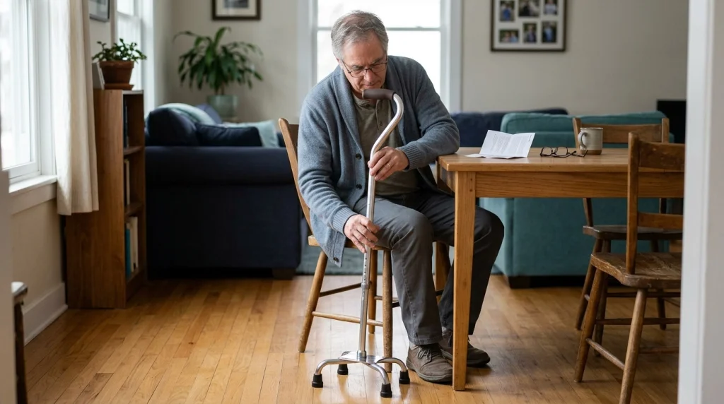 Older adult examining an adjustable offset quad cane with an aluminum shaft and rubber-tipped base.