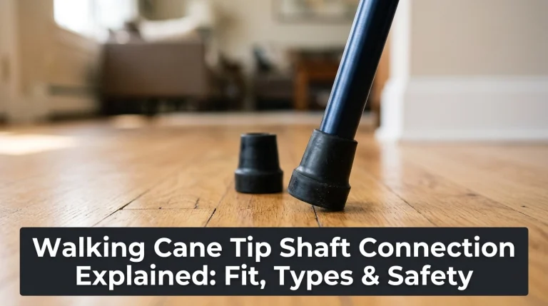 Walking cane tip shaft connection showing a black rubber foot fitted securely to an aluminum shaft.