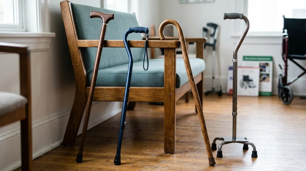 Four walking stick and cane designs showing wooden, adjustable, curved-handle, and quad-base variations.