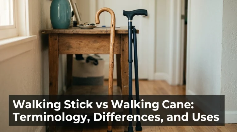 Traditional wooden walking stick beside adjustable mobility cane showing common design differences.