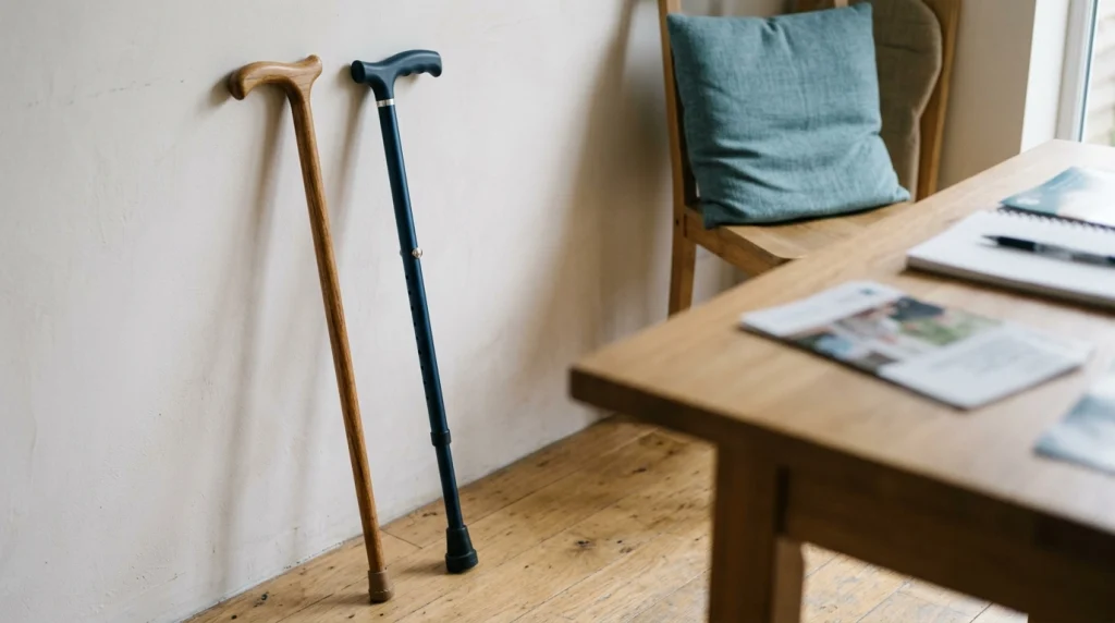 Wooden walking stick and adjustable cane showing walking stick vs walking cane terminology differences.