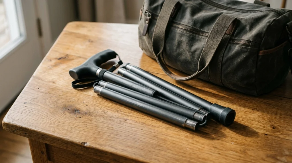 Collapsible walking cane folded neatly on a wooden table for travel storage.