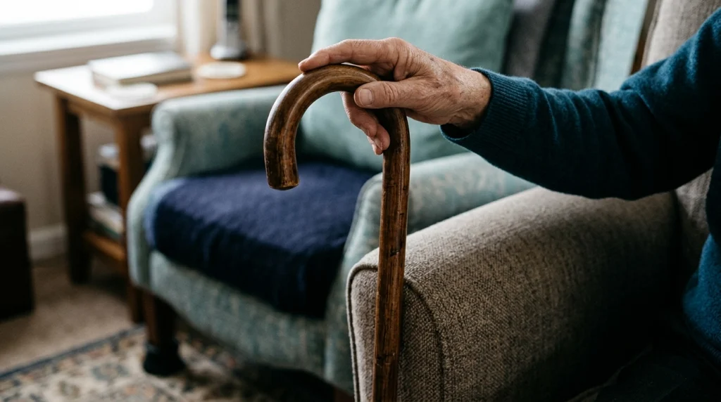 Close-up of a curved wooden crook cane handle and straight walking cane shaft.