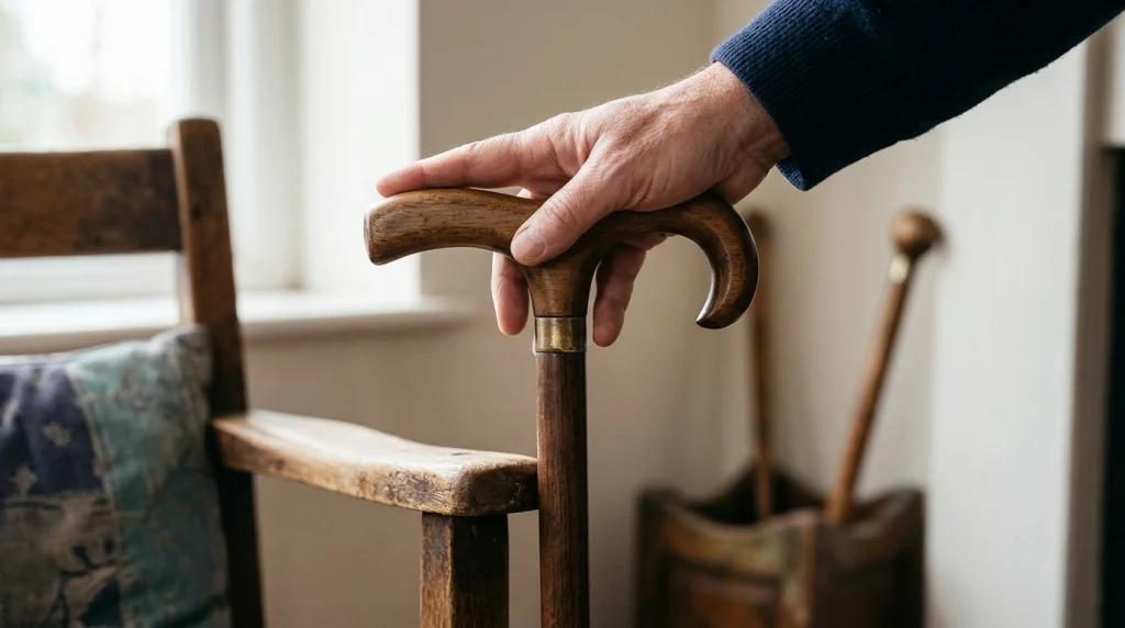 Side profile of a traditional Derby cane handle showing its curved grip and hooked end.