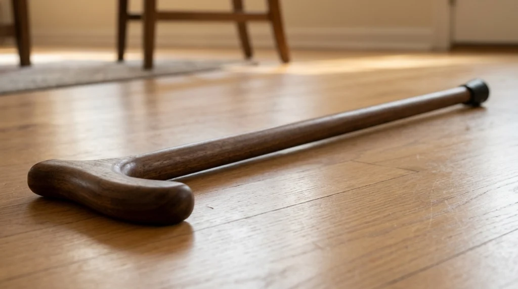 Detailed view of a fixed height walking cane resting on a level floor.