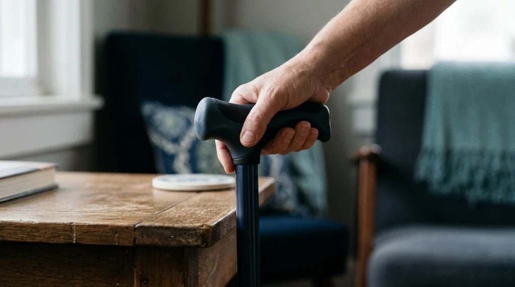 Close-up of a hand holding the cushioned handle of a gel walking cane.