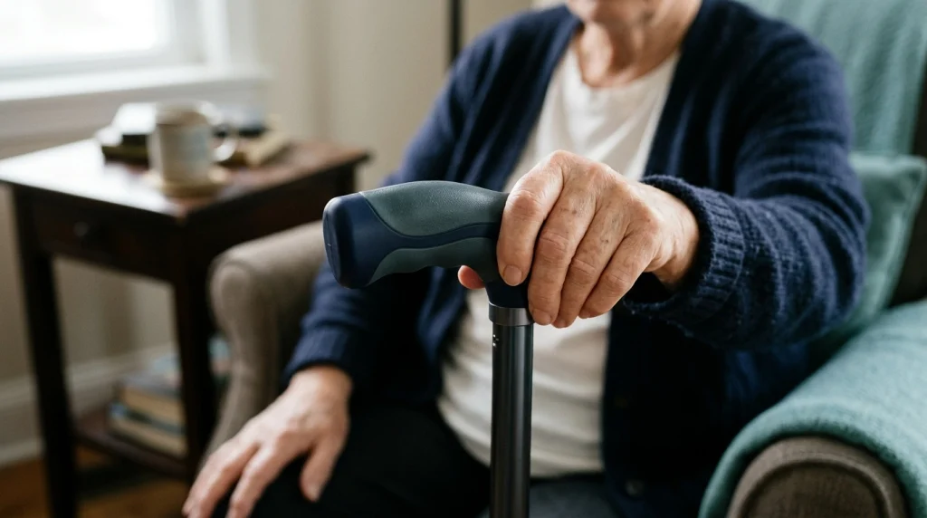 Close-up of a cushioned gel cane grip attached to an adjustable walking cane.