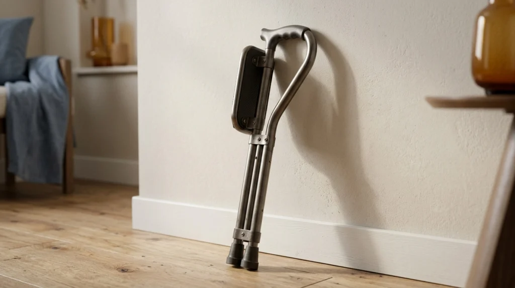 Close-up of a seat cane showing its folding seat and walking stick structure.