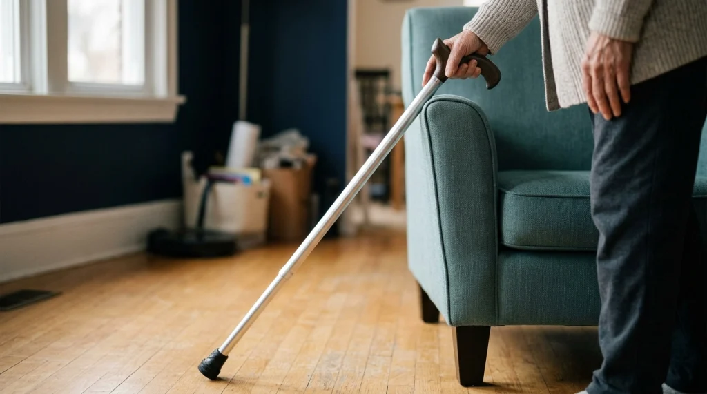 Single point walking cane showing ergonomic handle, metal shaft, and black rubber ground-contact tip.