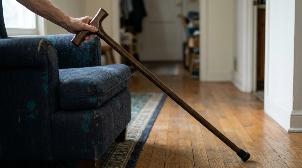 T-handle cane explained with a close-up of its horizontal grip, straight shaft, and rubber tip.