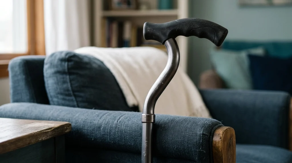 Close-up of an offset cane handle where the grip curves away from the walking cane shaft