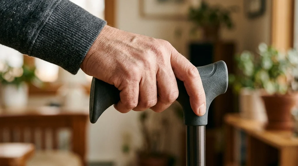Detailed view of an ergonomic walking cane handle with contoured palm support.