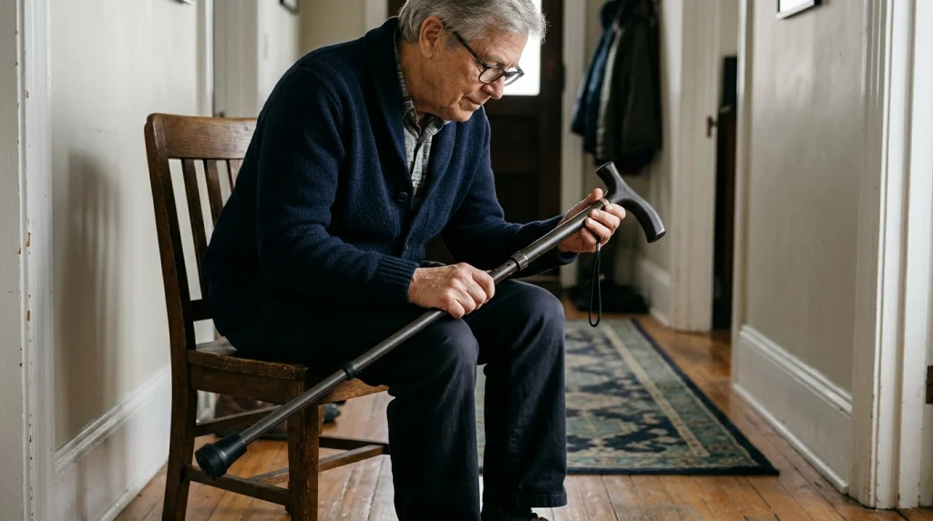 Older adult checking the handle, shaft, and rubber tip of a T-handle walking cane at home.