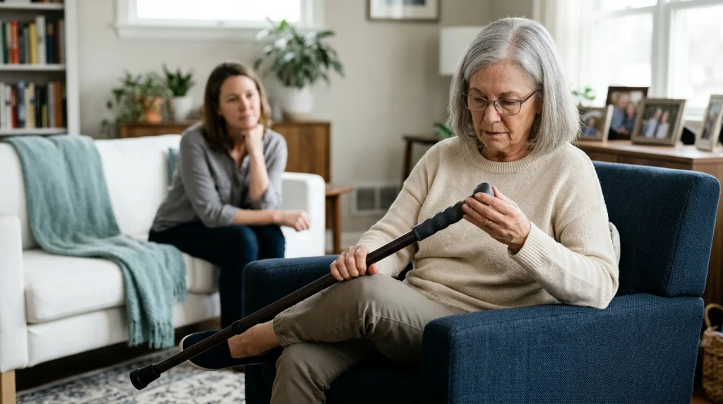 Older adult checking a gel cane grip while seated safely at home.