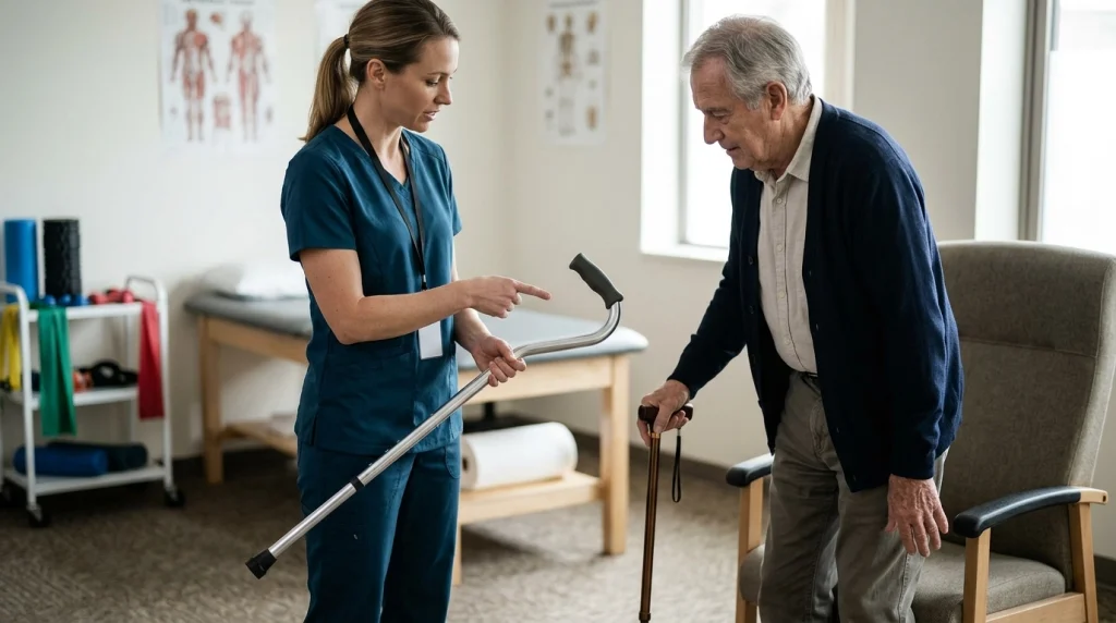 Physical therapist comparing traditional and ergonomic walking cane handles with an older adult.