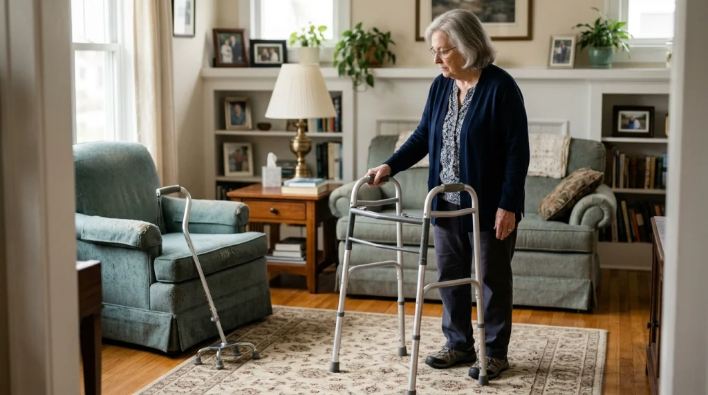 Older adult considering a walker beside a four point cane in a home living room.