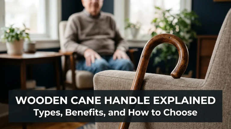Wooden cane handle with natural wood grain beside an armchair in a comfortable home.